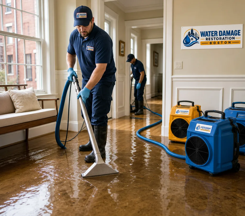 Technicians extracting standing water from a Boston home with commercial-grade restoration equipment