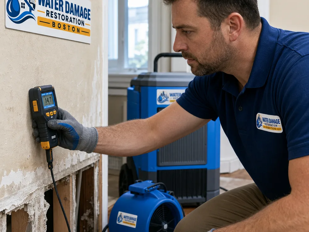 Technician taking moisture readings on a plaster wall while drying equipment operates