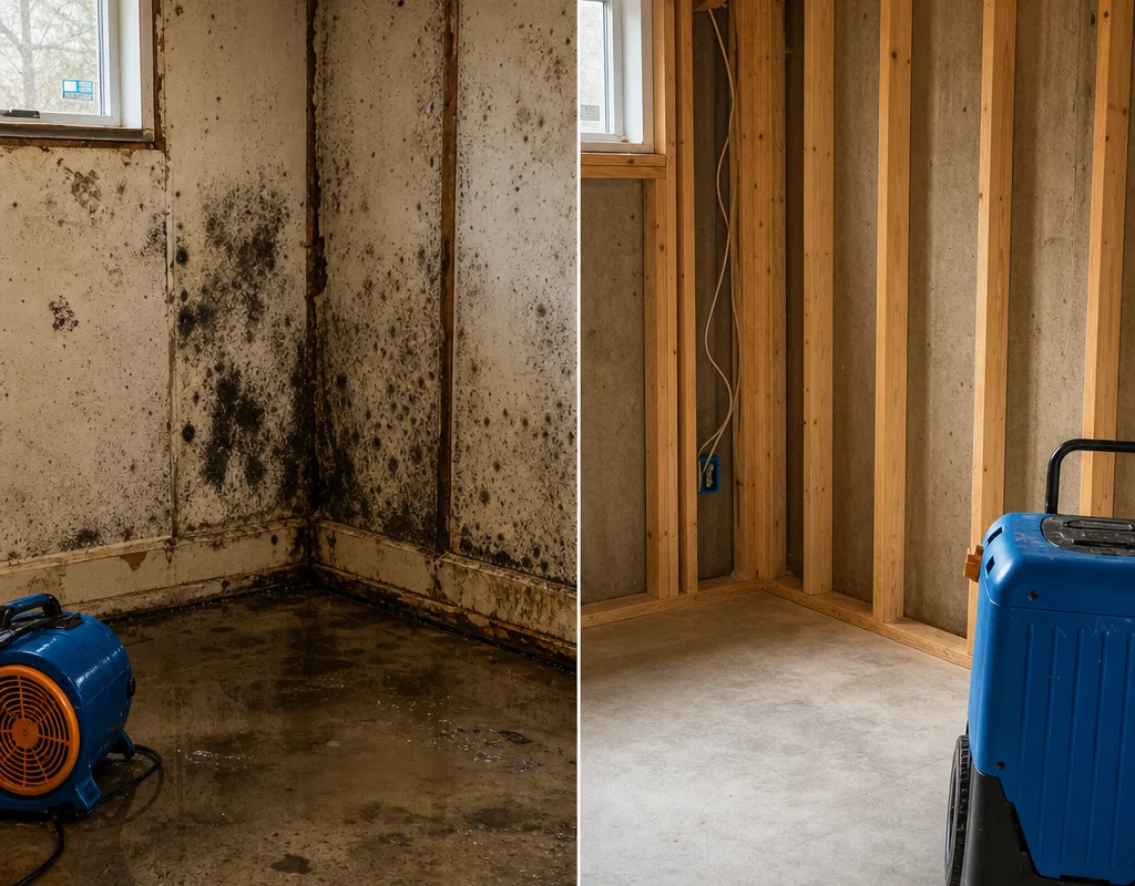 Basement mold area before remediation and after removal, HEPA cleaning, and drying