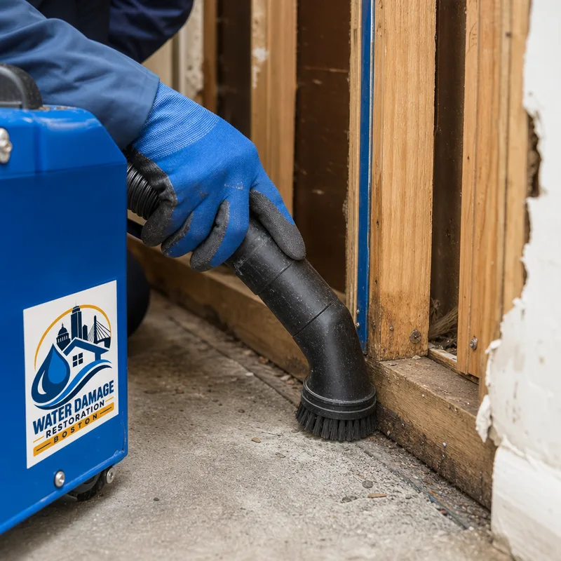 Technician HEPA vacuuming exposed framing and sill areas after drywall removal
