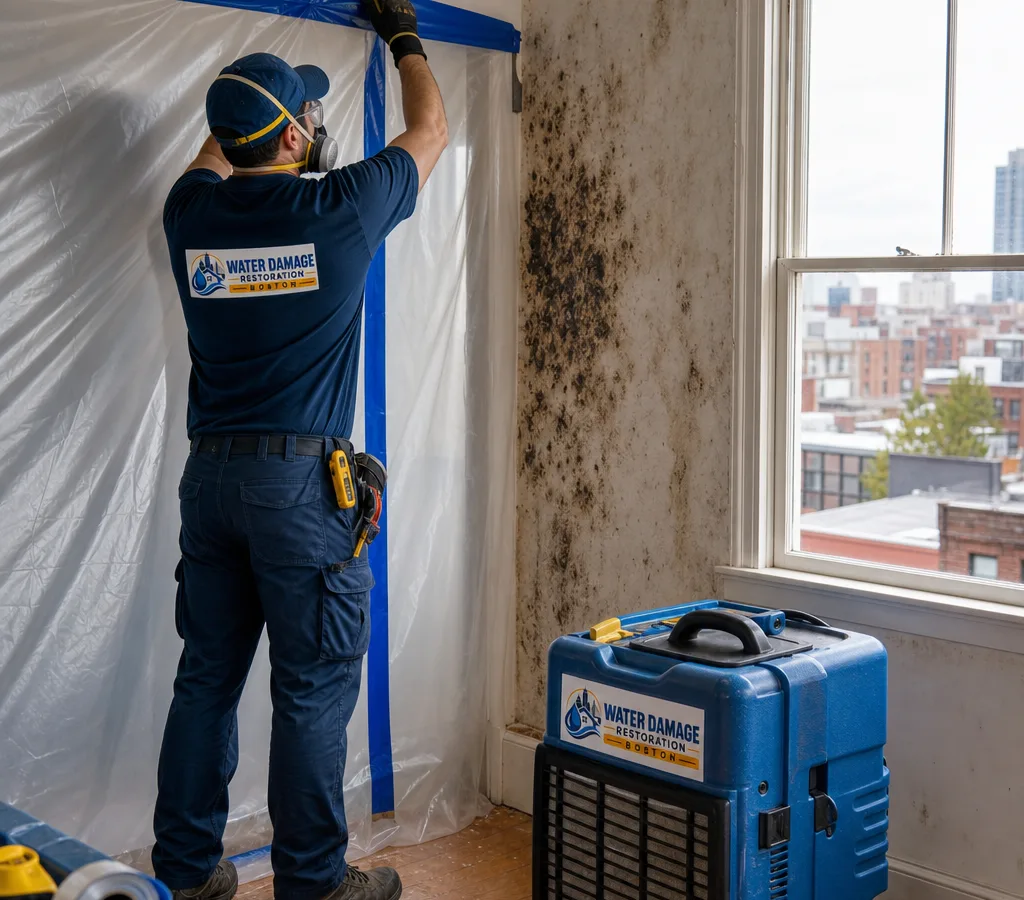 Technician in PPE setting up containment and a HEPA air scrubber in a Boston residential room