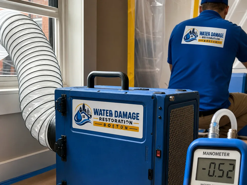 HEPA negative air machine ducted through a window inside a poly containment area