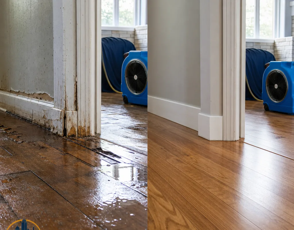Before and after view of water-damaged hardwood flooring and wet baseboards following controlled drying and restoration