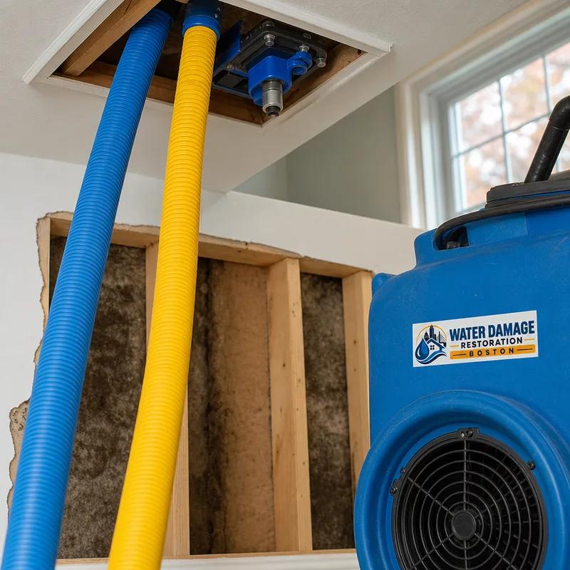 Controlled ceiling opening and wall-cavity drying setup with tubing and an air mover
