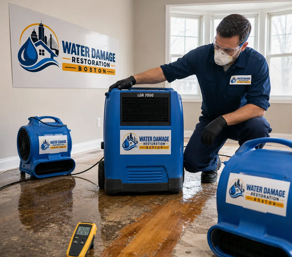 Boston restoration technician in PPE using commercial drying equipment and a moisture meter in a water-damaged residential room