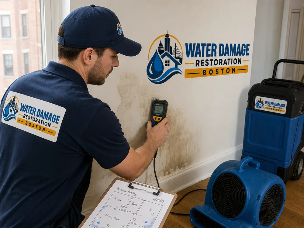 Technician documenting wall moisture readings and mapping affected areas in a Boston apartment with drying equipment nearby