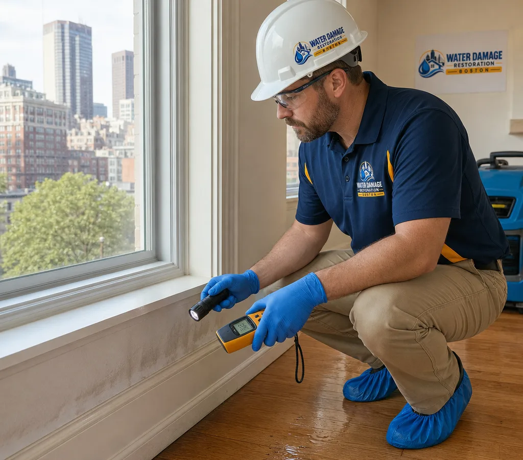 Inspector in PPE examining a Boston residential interior near a window and baseboard with a moisture meter and flashlight