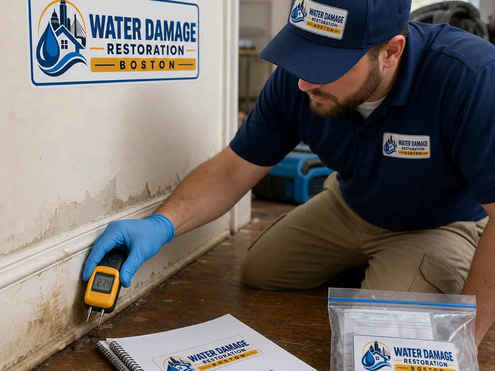 Technician taking a wall moisture reading along baseboard trim with a pin-type moisture meter