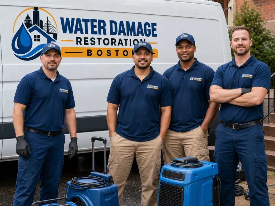 Local restoration crew beside a van with air movers and dehumidification equipment